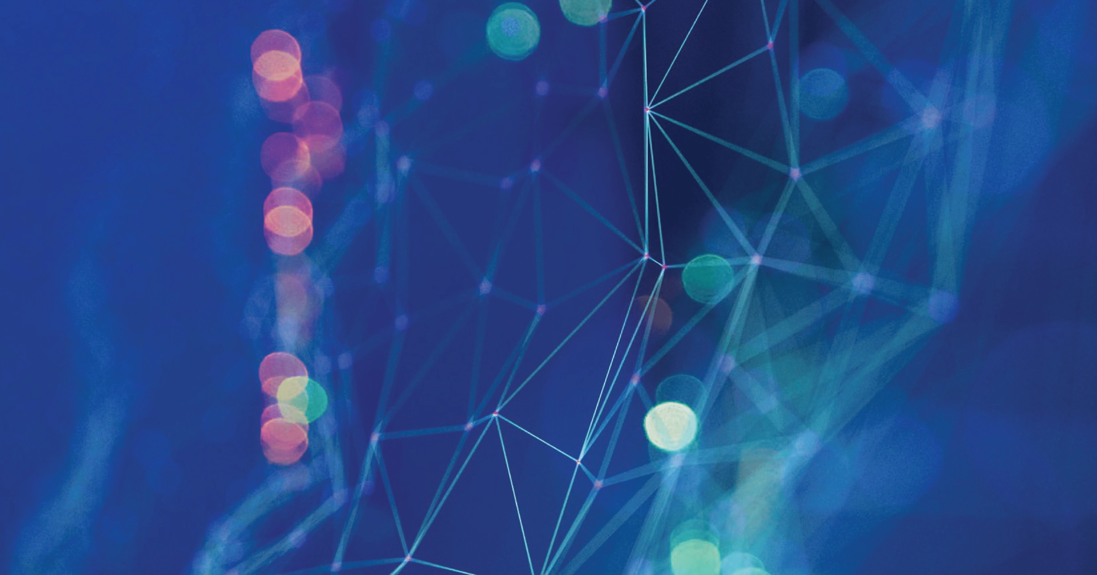 An abstract image that features dots on a blue background connected by light blue lines